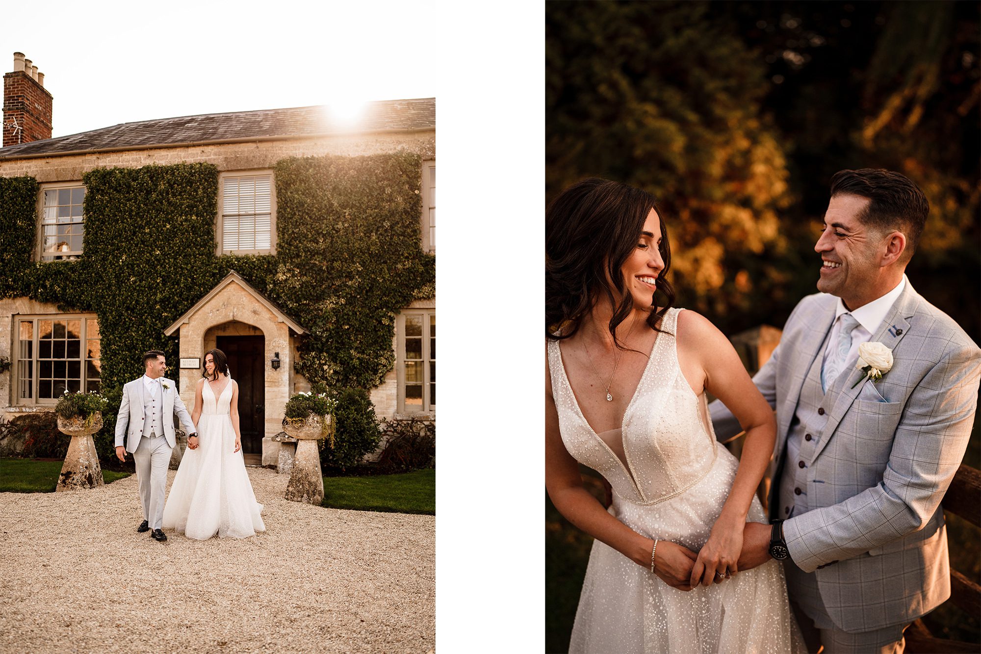 Bride and groom enjoying relaxed couple portraits in the Cotswolds sunshine