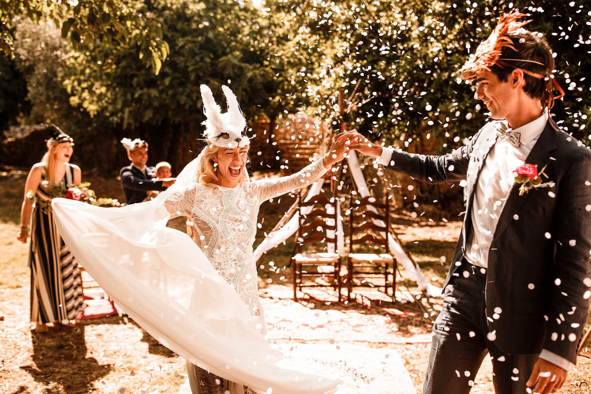 Destination wedding in France with guests outdoors