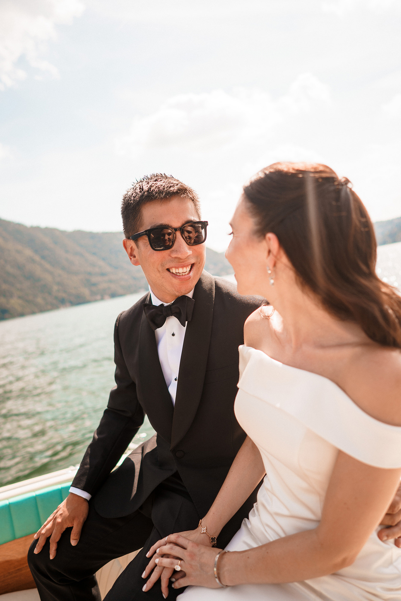 Lara and Qiao on a boat on Lake Como