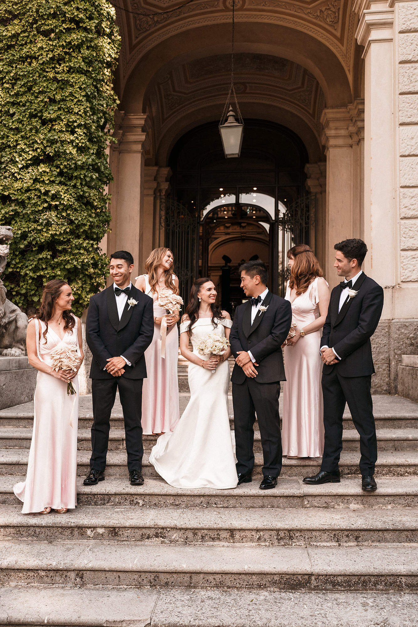 Bridesmaids helping Lara at Villa Erba