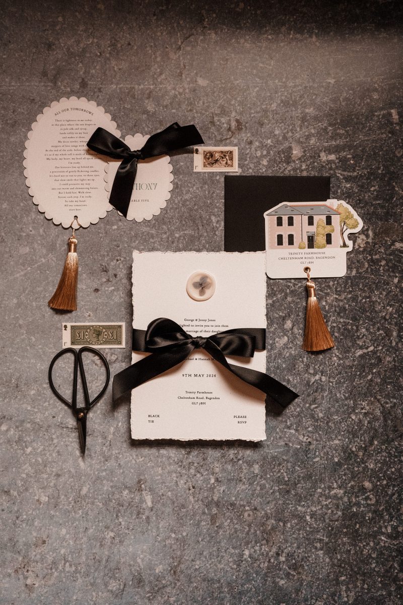 Wedding stationery and invitation flat lay photo idea